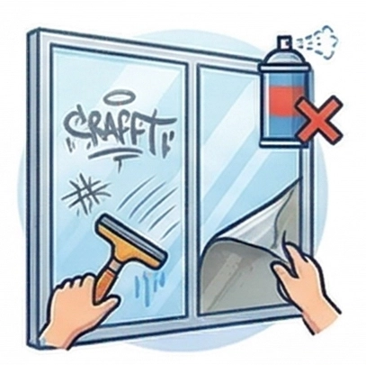 Illustration : retrait du film anti-graffiti sur vitre taguée