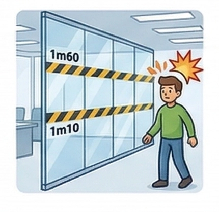 Illustration : bandes à 1,10 m et 1,60 m sur cloison vitrée pour éviter les chocs