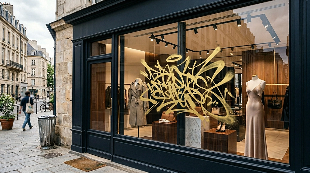 Vitrine de boutique taguée au graffiti sur une rue urbaine — enjeu du vandalisme pour les commerces
