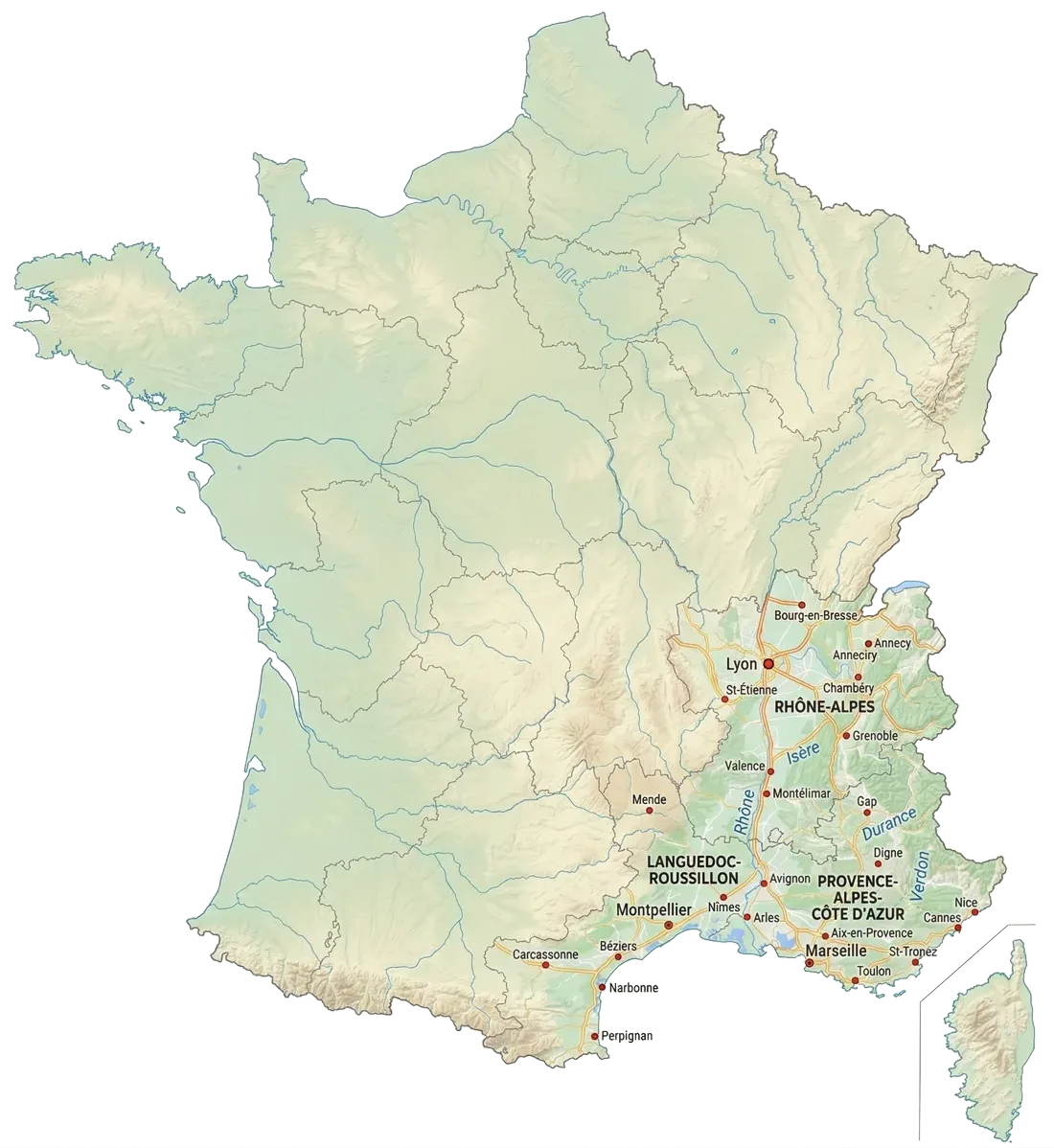 Carte du quart sud-est de la France couvert par Adhexpert : Provence-Alpes-Côte d'Azur, Occitanie et Auvergne-Rhône-Alpes